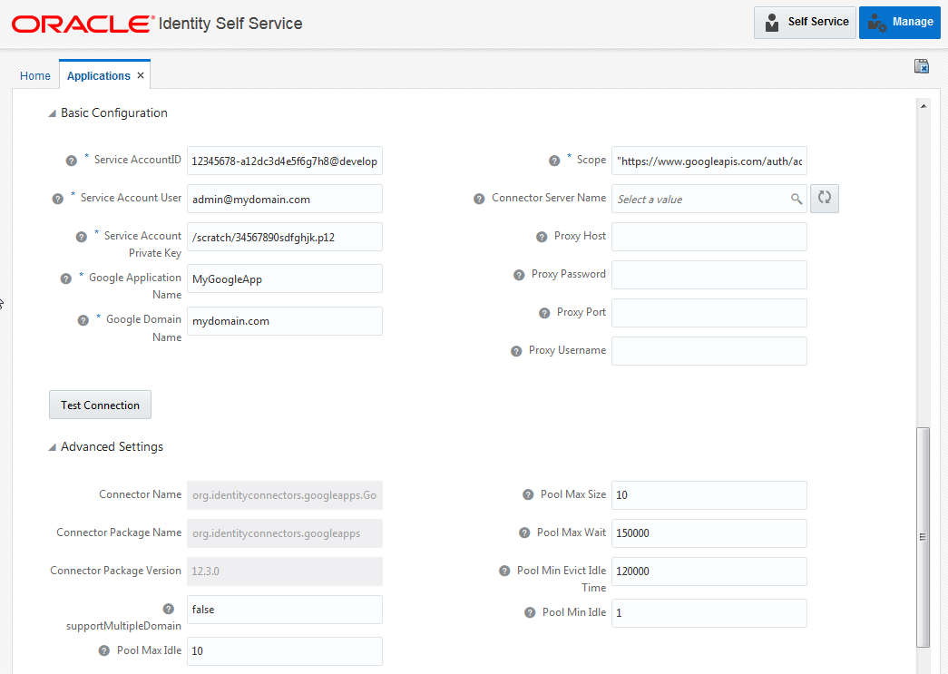 Enter values for the Basic Configuration and Advanced Settings parameters