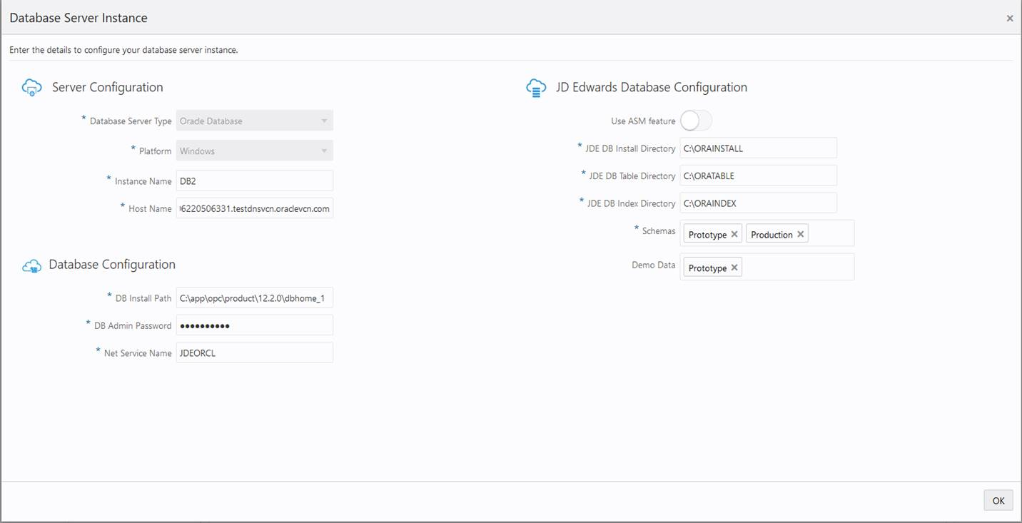 Database Server Instance Window