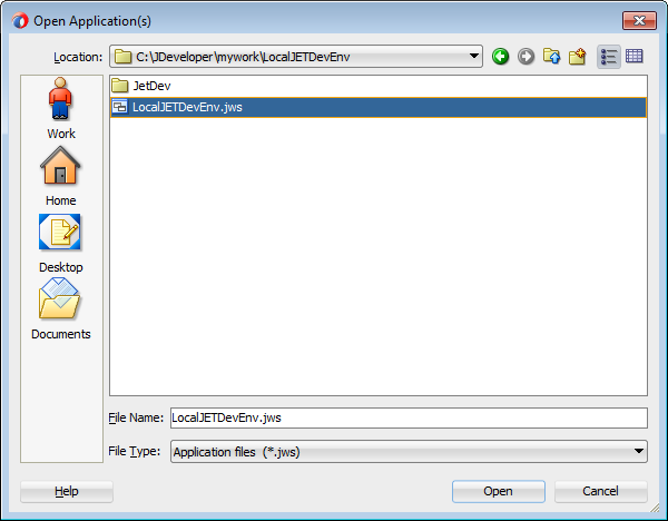 Apertura del archivo  LocalJETDevEnv.jws en JDeveloper