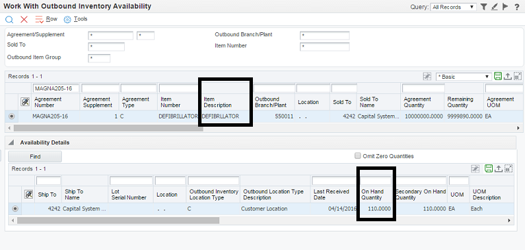 Pantalla Work With Outbound Inventory Availability