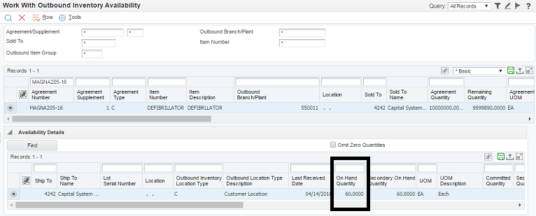 Pantalla Work With Outbound Inventory Availability