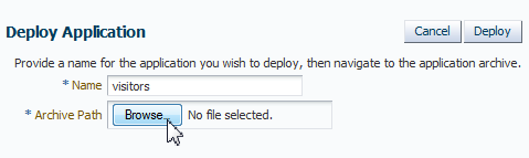 Deploy Application screen