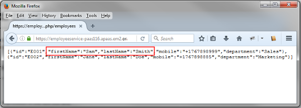 Firefox window with the employee service response