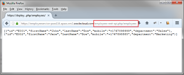 Firefox window with the employees response