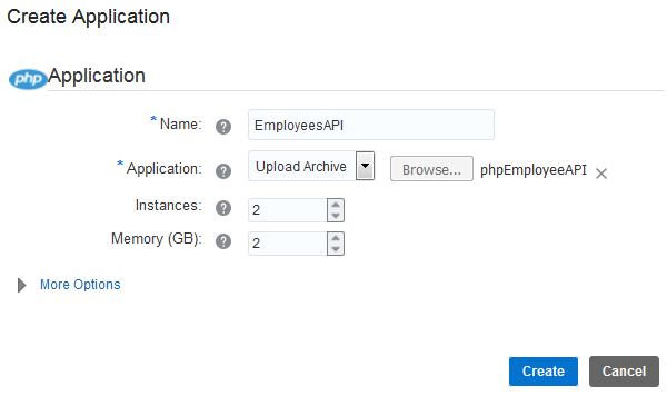 Create Application dialog box