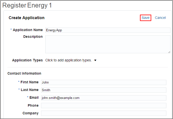 Create Application page