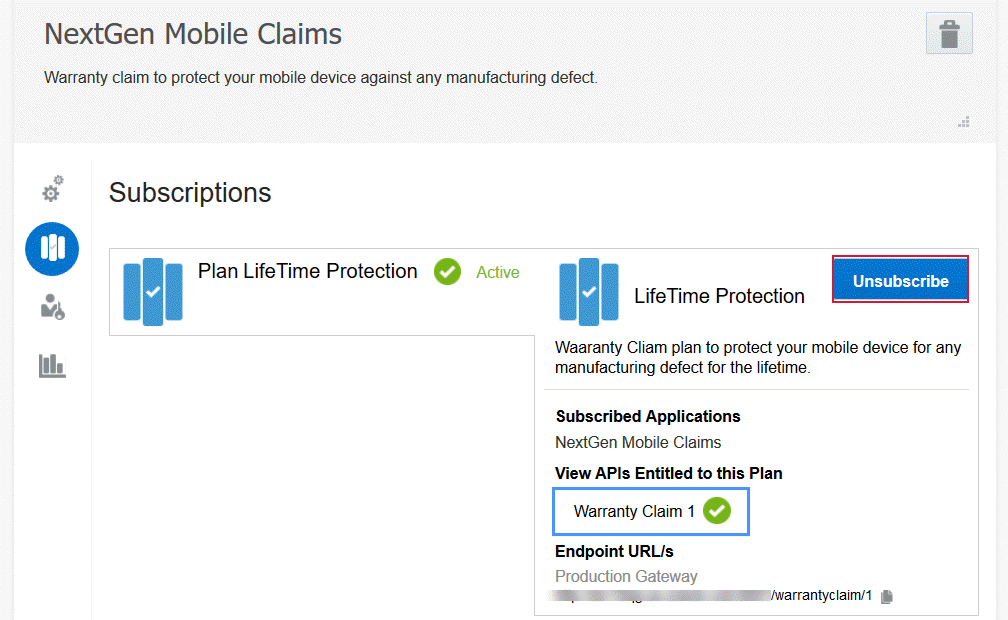 Subscriptions page for an application.