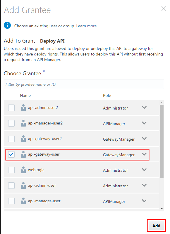 Add Grantee - Deploy API page