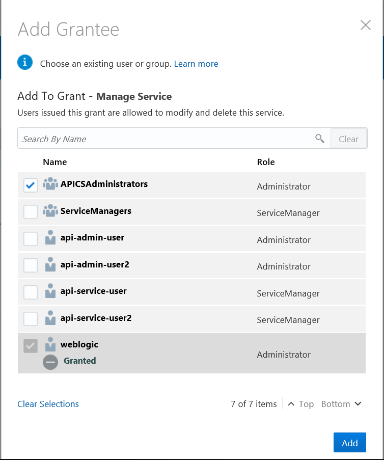 Oracle API Platform Cloud Service Management Portal Add Grantee screen