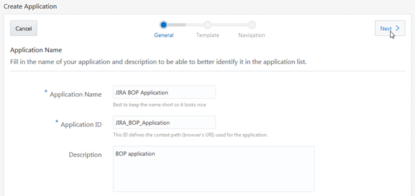 Application Name page in Create Application wizard