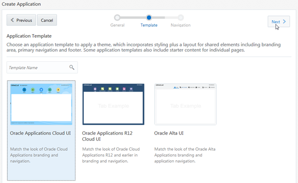 Application Template page in Create Application wizard