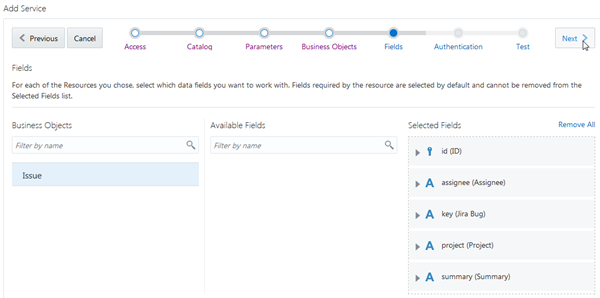 Fields page of wizard