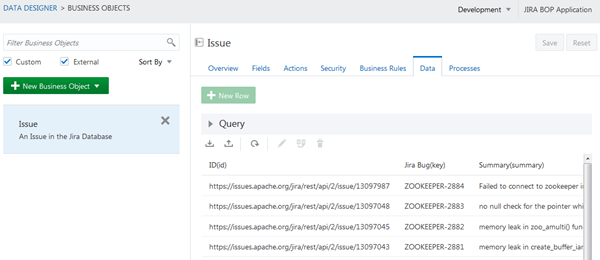 Data page for Issue business object
