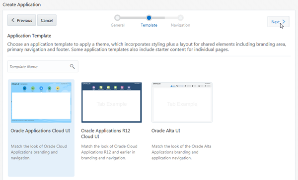 Application Template page in Create Application wizard