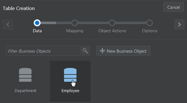 Data page of Table Creation wizard