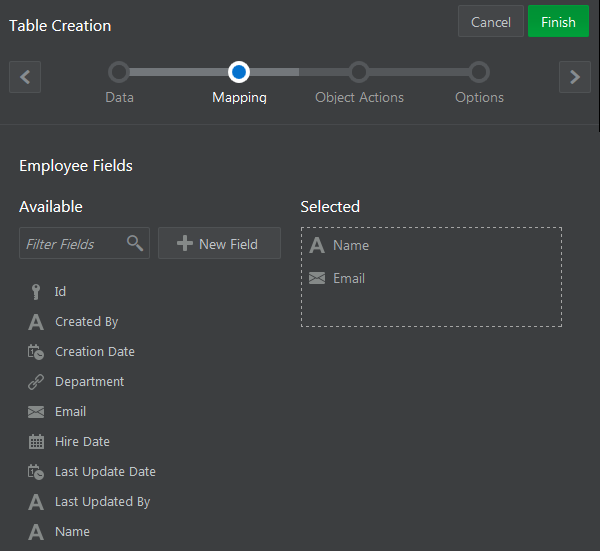 Mapping page of Table Creation wizard
