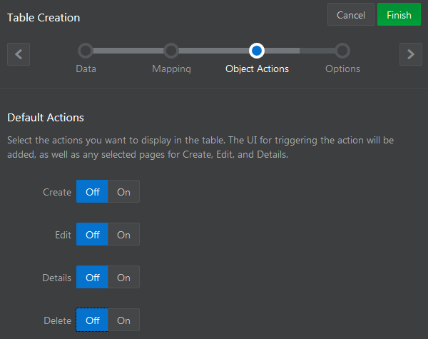 Object Actions page of Table Creation wizard