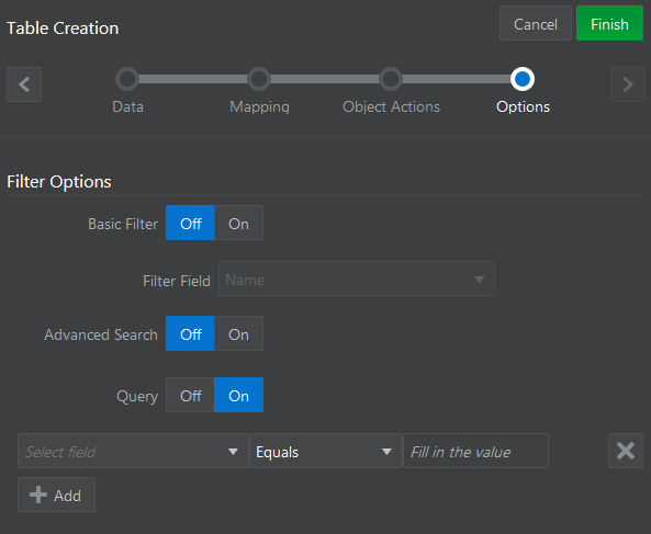 Options page of Table Creation wizard