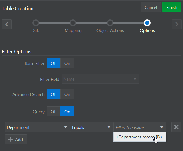 Options page of Table Creation wizard