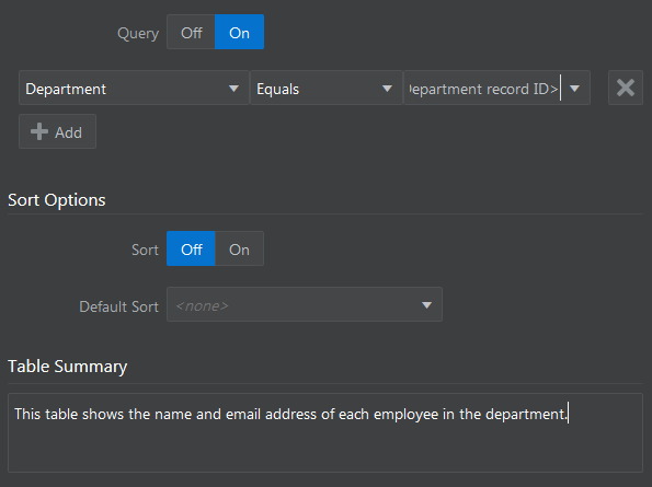 Options page of Table Creation wizard