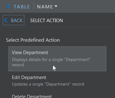 Actions tab of Table Property Inspector