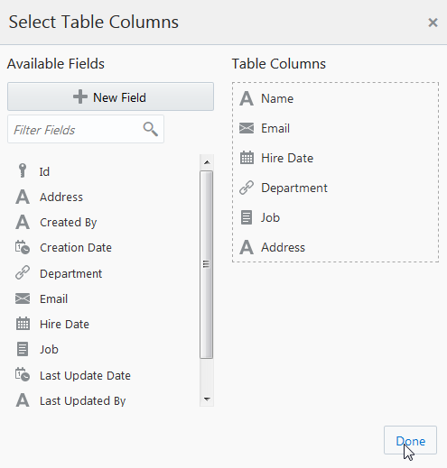 Select Table Columns dialog box