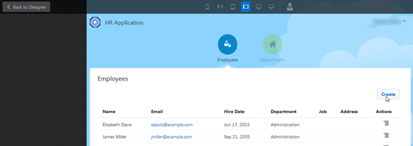 Employees page in Test Application mode