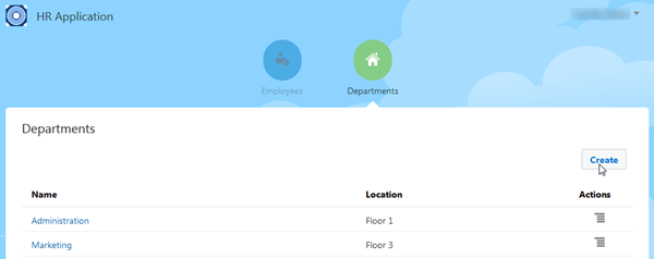 Departments page in Test Application mode
