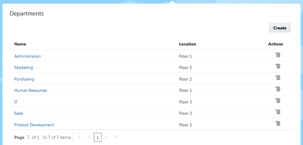 Departments page in Test Application mode