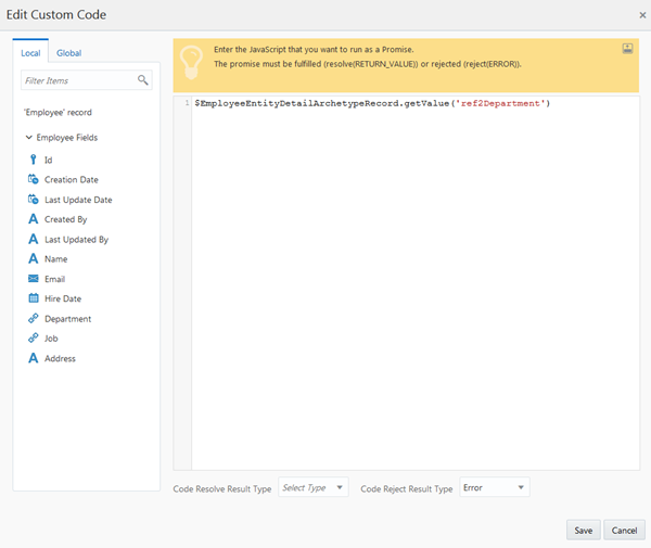 Edit Custom Code dialog box