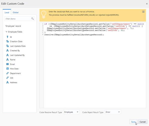 Edit Custom Code dialog box