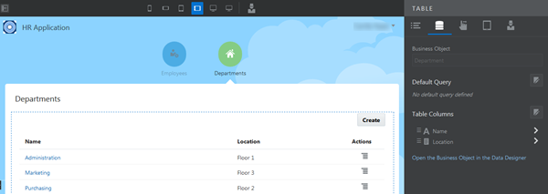 Departments table Data tab
