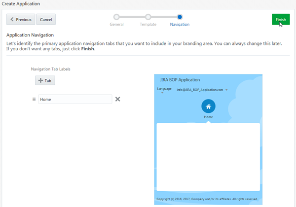 Application Navigation page in Create Application wizard