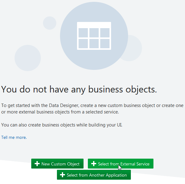 Empty Business Objects page with Select from External Service selected