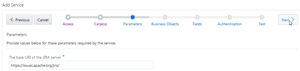 Parameters page of wizard