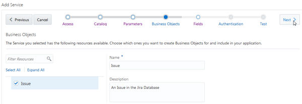 Business Objects page of wizard