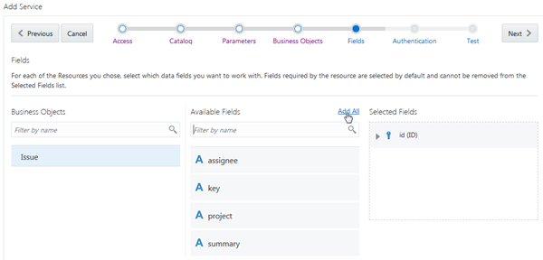 Fields page of wizard