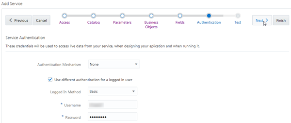 Authentication page of wizard