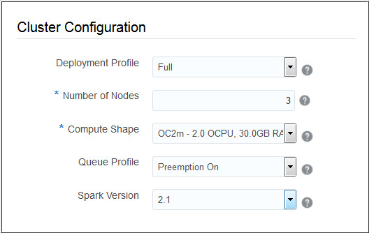 bdcsce create service, cluster configuration subsection