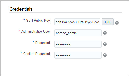 bdcsce create service, credentials subsection
