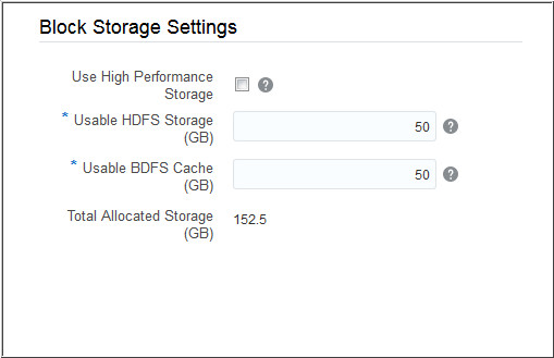 bdcsce create service, block storage settings subsection