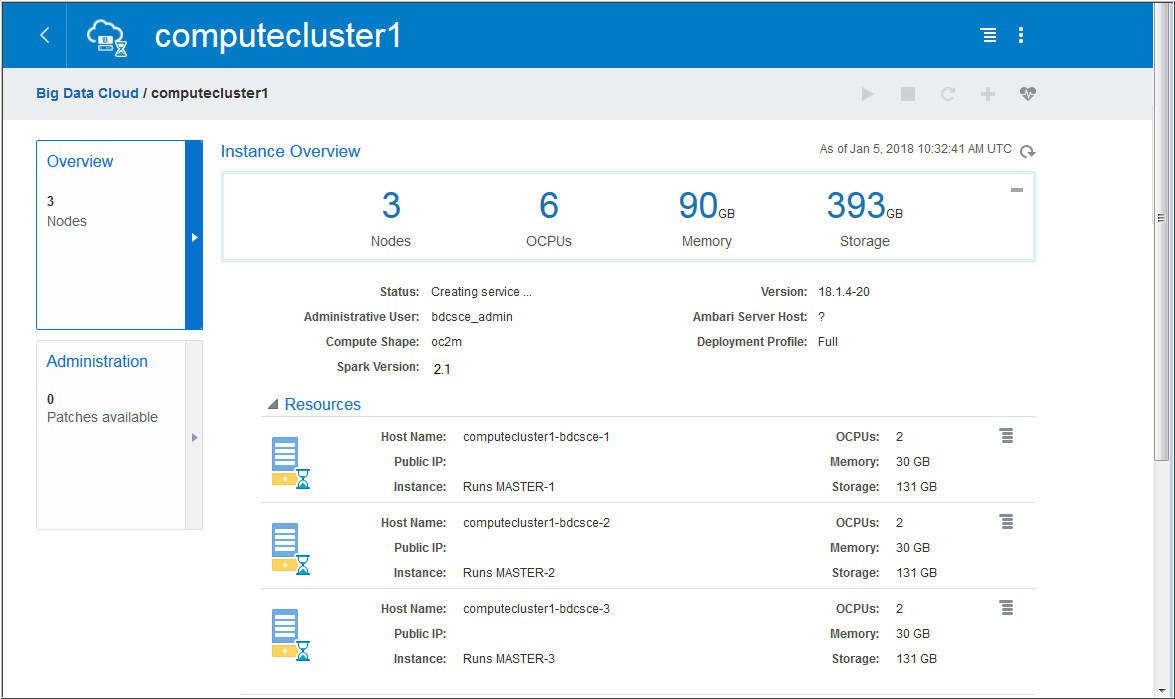 bdcsce cluster service overview page