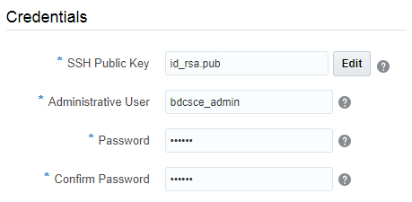 bdcsce create service, credentials subsection