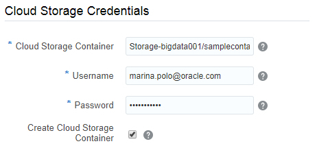 bdcsce create service, cloud storage credentials subsection