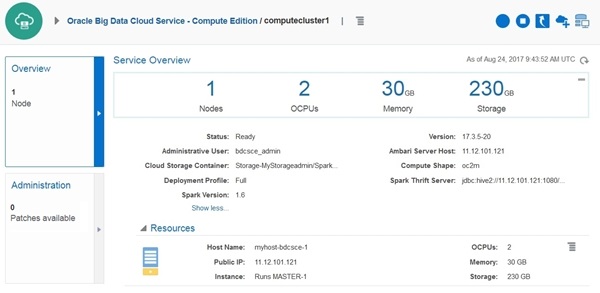 bdcsce cluster service overview page