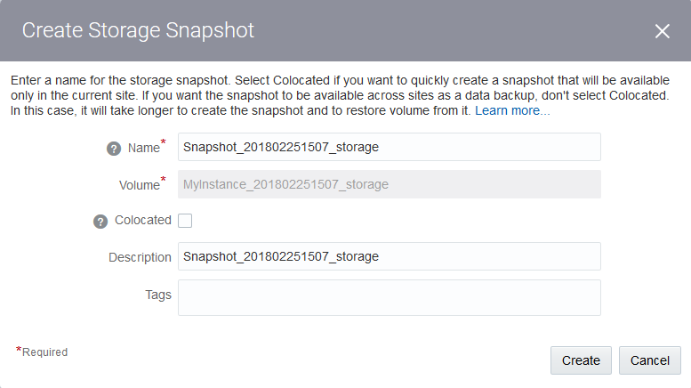 The Create Storage Snapshot dialog box.