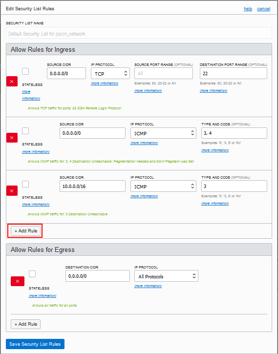 Edit Security List Rules dialog box