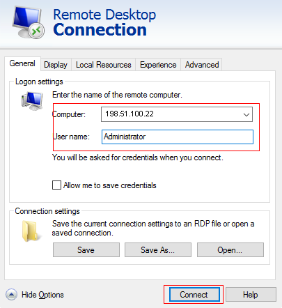 Remote Desktop Connection dialog box