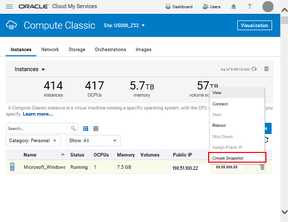 Instances page with Create Snapshot selected