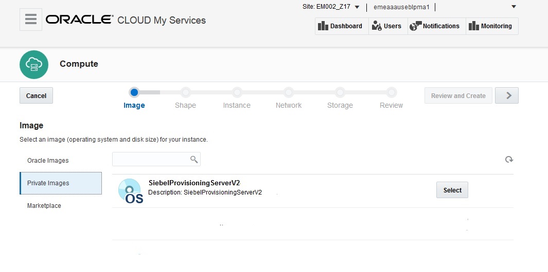 Portion of Create Instance, General window